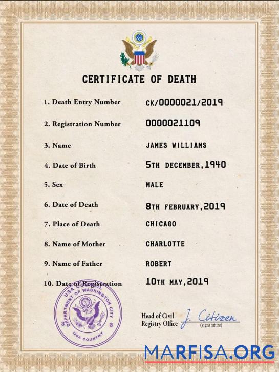 Downloadable USA vital record death certificate PSD template